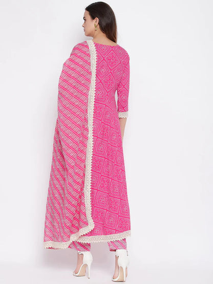 EMBROIDERED LONG A-LINE COTTON KURTA SET WITH DUPATTA