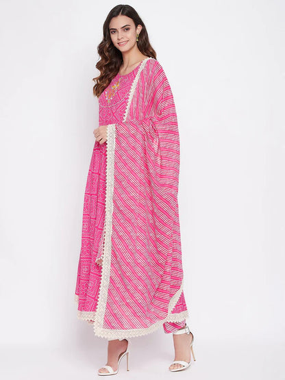 EMBROIDERED LONG A-LINE COTTON KURTA SET WITH DUPATTA