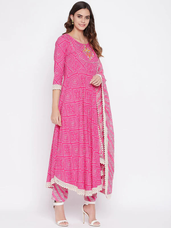 EMBROIDERED LONG A-LINE COTTON KURTA SET WITH DUPATTA