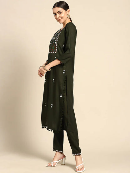 EMBROIDERED LONG STRAIGHT RAYON KURTA SET