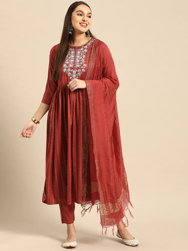 EMBROIDERED LONG STRAIGHT MUSLINE KURTA SET