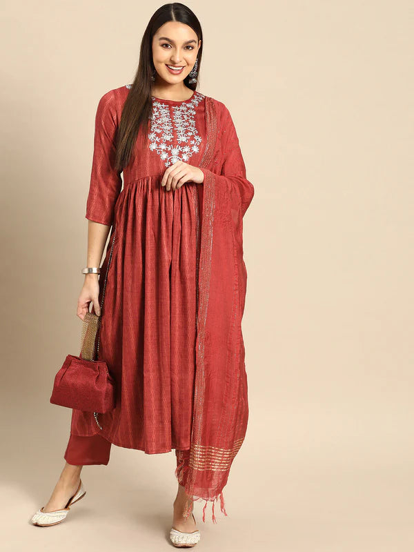 EMBROIDERED LONG STRAIGHT MUSLINE KURTA SET