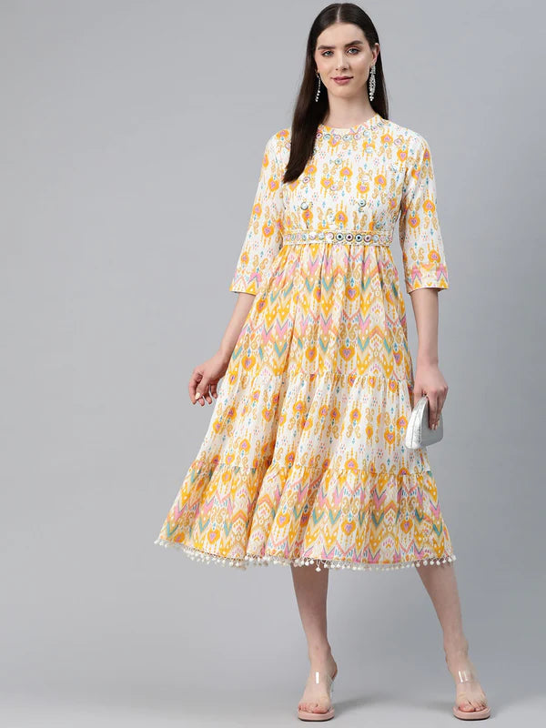 YELLOW COLOR COTTON FABRIC TIERED DRESS