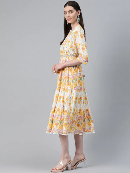 YELLOW COLOR COTTON FABRIC TIERED DRESS