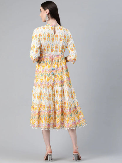 YELLOW COLOR COTTON FABRIC TIERED DRESS