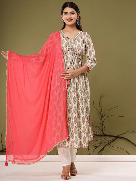 FLARED STYLE COTTON FABRIC CREAM COLOR KURTA WITH PALAZZO & DUPATTA