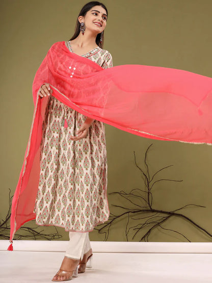 FLARED STYLE COTTON FABRIC CREAM COLOR KURTA WITH PALAZZO & DUPATTA