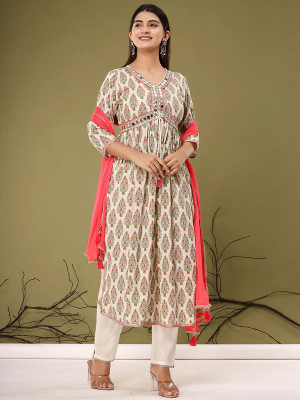 FLARED STYLE COTTON FABRIC CREAM COLOR KURTA WITH PALAZZO & DUPATTA