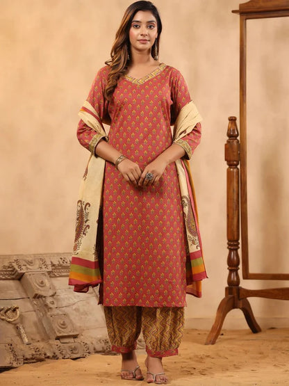 STRAIGHT STYLE COTTON FABRIC RED COLOR KURTA AND BOTTOM WITH DUPATTA