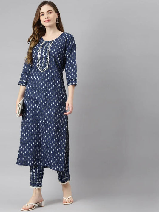 COTTON FABRIC BLUE COLOR STRAIGHT STYLE PRINTED KURTA & BOTTOM