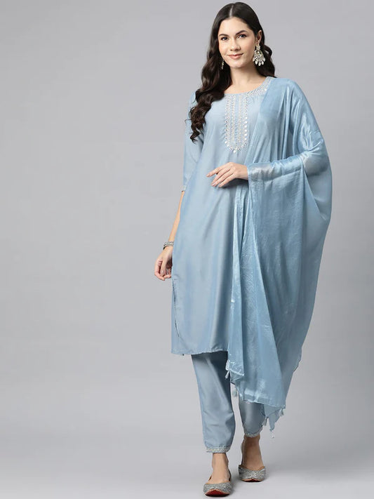 SILK EMBROIDERED STRAIGHT KURTA PANT AND DUPATTA