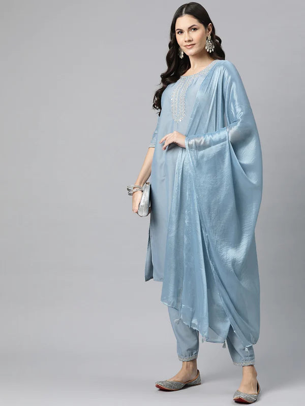 SILK EMBROIDERED STRAIGHT KURTA PANT AND DUPATTA