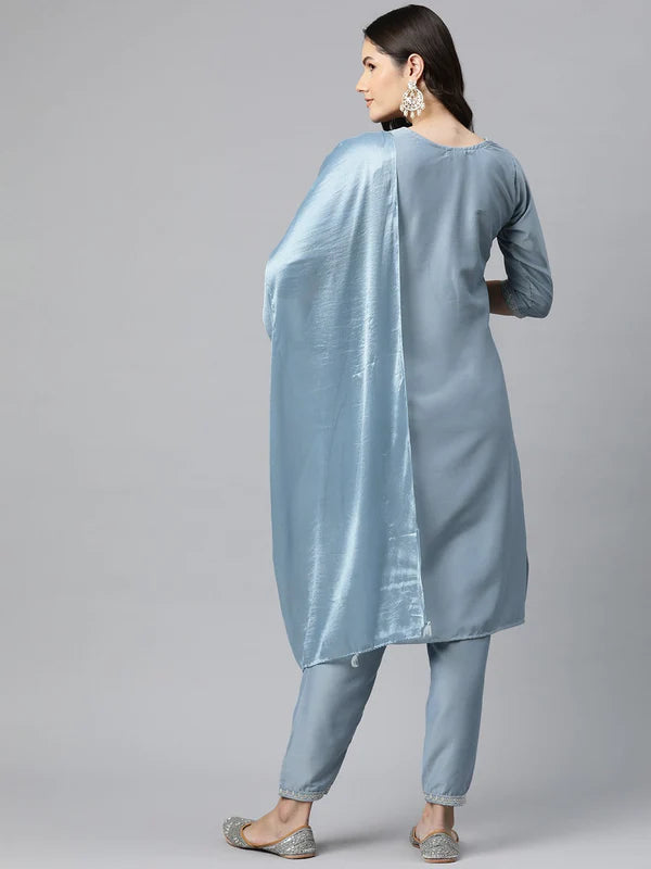 SILK EMBROIDERED STRAIGHT KURTA PANT AND DUPATTA