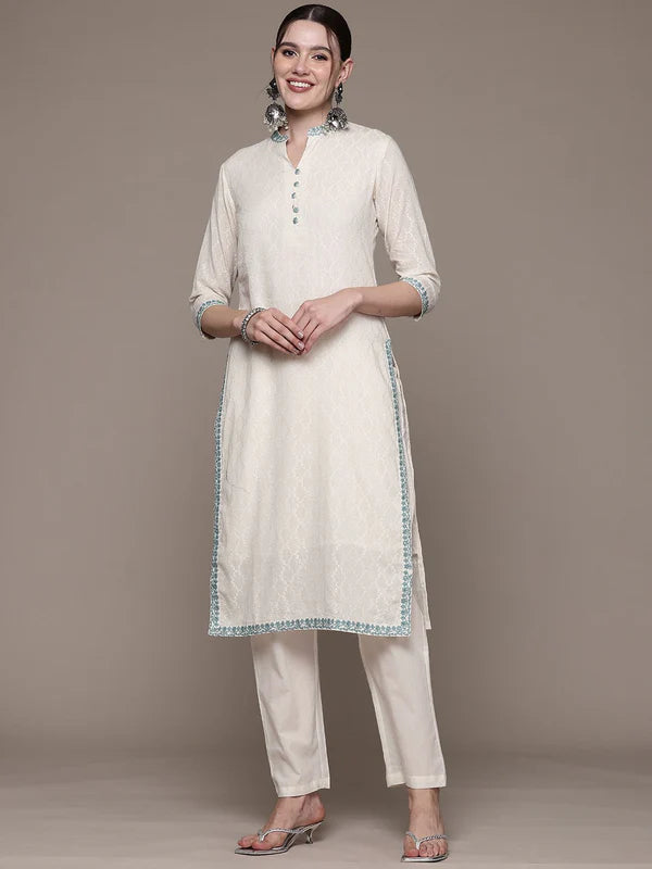 STRAIGHT STYLE COTTON FABRIC OFF WHITE COLOR KURTA WITH BOTTOM