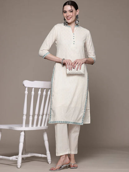 STRAIGHT STYLE COTTON FABRIC OFF WHITE COLOR KURTA WITH BOTTOM