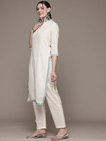 STRAIGHT STYLE COTTON FABRIC OFF WHITE COLOR KURTA WITH BOTTOM