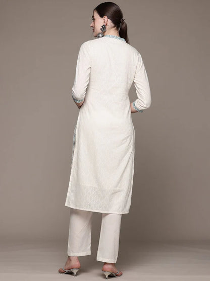 STRAIGHT STYLE COTTON FABRIC OFF WHITE COLOR KURTA WITH BOTTOM