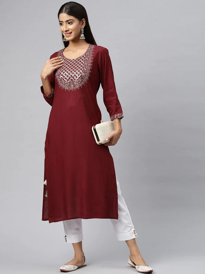 STRAIGHT STYLE COTTON FABRIC MAROON COLOR KURTI