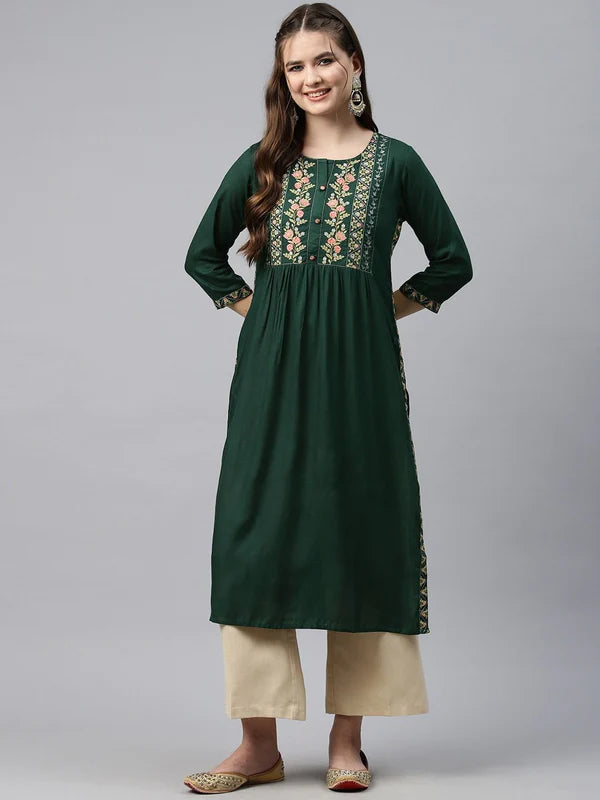 NAIRA STYLE RAYON FABRIC GREEN COLOR KURTI