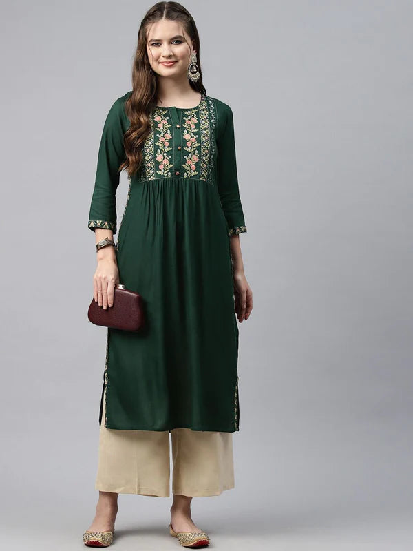 NAIRA STYLE RAYON FABRIC GREEN COLOR KURTI