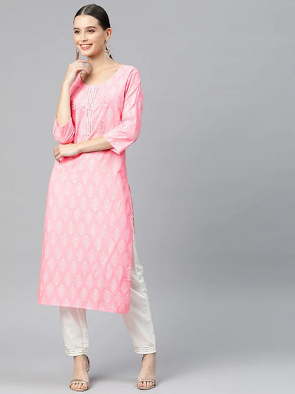 PINK STRAIGHT STYLE COTTON FABRIC PINK COLOR KURTI