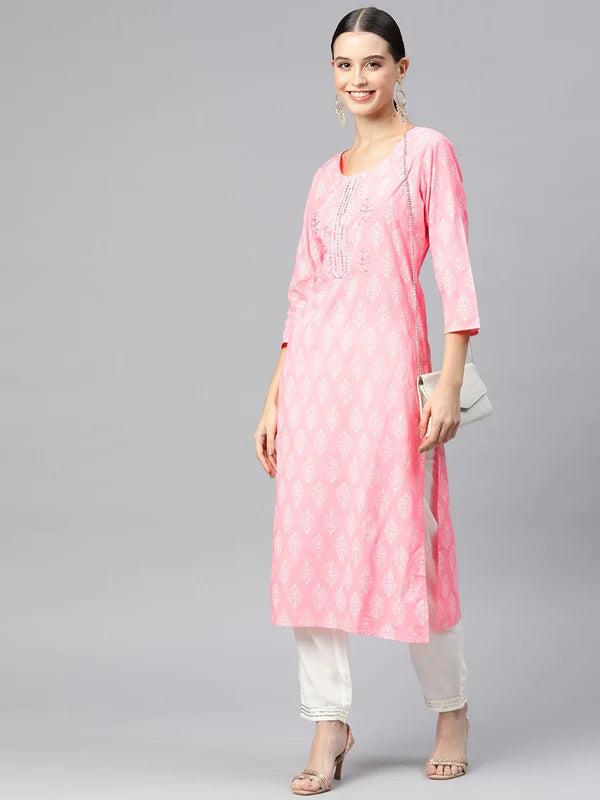 PINK STRAIGHT STYLE COTTON FABRIC PINK COLOR KURTI