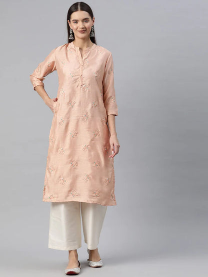 STRAIGHT STYLE SILK FABRIC PEACH COLOR KURTI