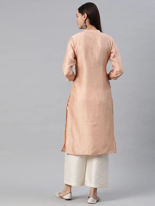 STRAIGHT STYLE SILK FABRIC PEACH COLOR KURTI