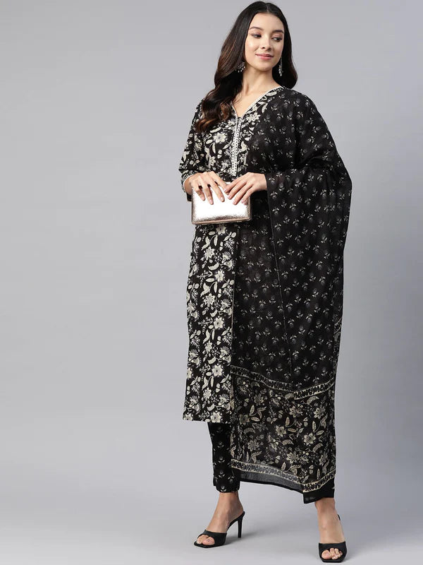 STRAIGHT STYLE COTTON FABRIC BLACK COLOR KURTA AND BOTTOM WITH DUPATTA