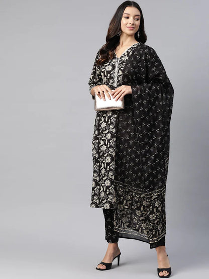 STRAIGHT STYLE COTTON FABRIC BLACK COLOR KURTA AND BOTTOM WITH DUPATTA