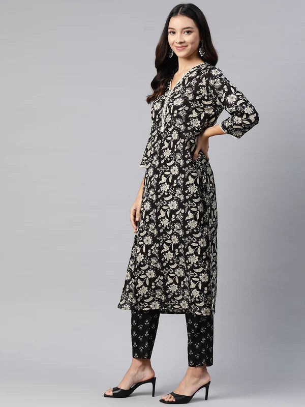 STRAIGHT STYLE COTTON FABRIC BLACK COLOR KURTA AND BOTTOM WITH DUPATTA