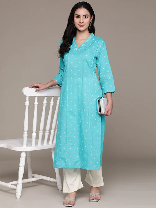 Straight Style Cotton Fabric Blue Color Kurta