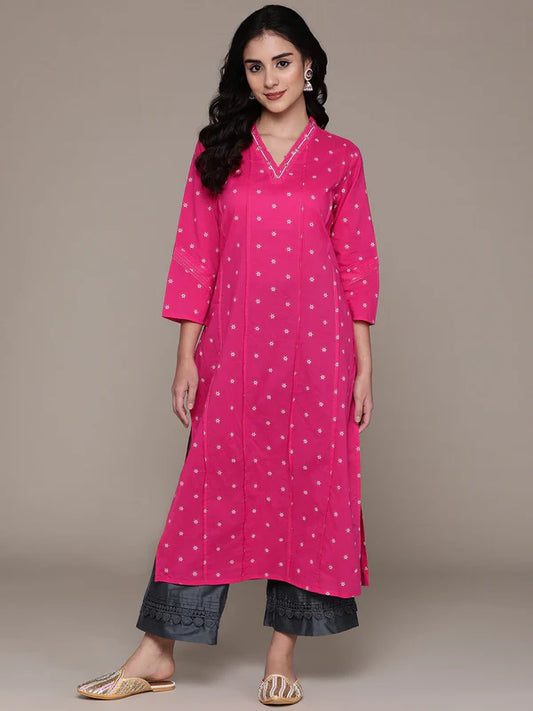 Straight Style Cotton Fabric Pink Color Kurta