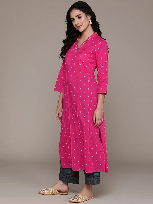 Straight Style Cotton Fabric Pink Color Kurta