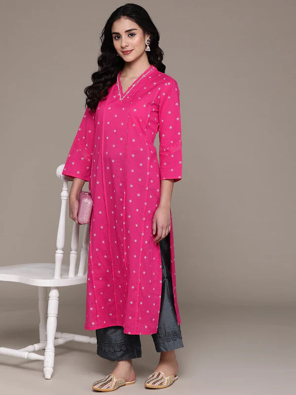 Straight Style Cotton Fabric Pink Color Kurta