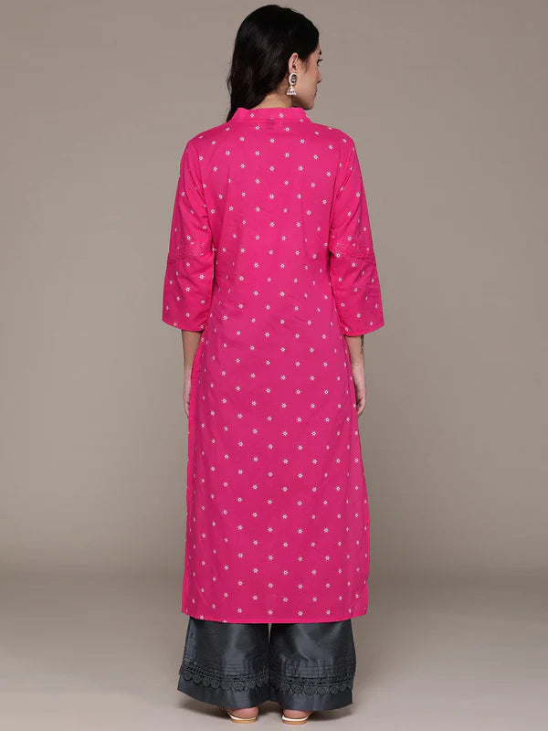 Straight Style Cotton Fabric Pink Color Kurta