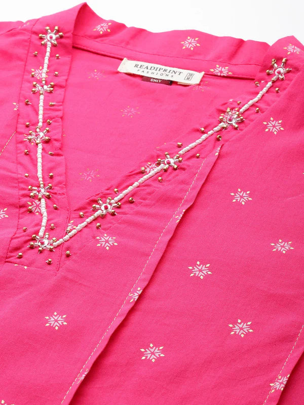 Straight Style Cotton Fabric Pink Color Kurta