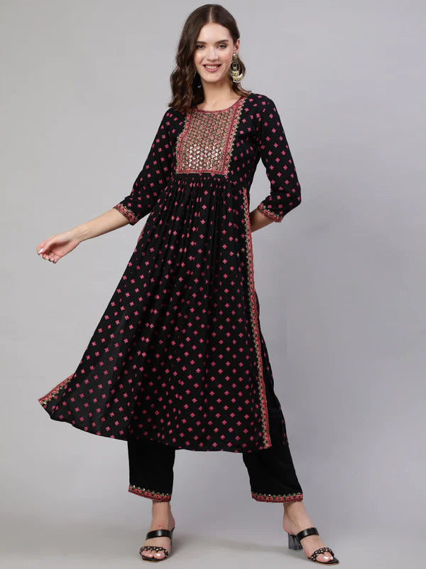 RAYON SEQUENCE 3/4 SLEEVE FLARED ROUND NECK CALF LENGTH KURTA BOTTOM SET