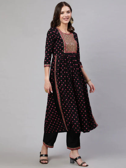 RAYON SEQUENCE 3/4 SLEEVE FLARED ROUND NECK CALF LENGTH KURTA BOTTOM SET