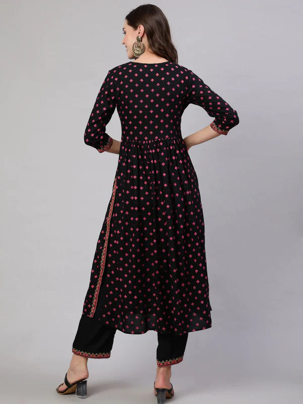 RAYON SEQUENCE 3/4 SLEEVE FLARED ROUND NECK CALF LENGTH KURTA BOTTOM SET