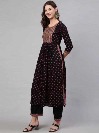 RAYON SEQUENCE 3/4 SLEEVE FLARED ROUND NECK CALF LENGTH KURTA BOTTOM SET