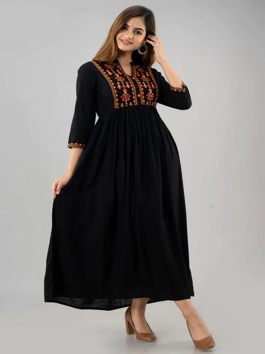 EMBROIDERED RAYON 3/4 SLEEVE COLLARED NECK A-LINE CALF LENGTH KURTA