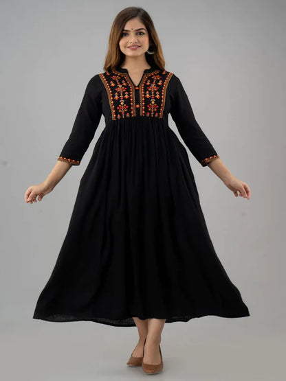 EMBROIDERED RAYON 3/4 SLEEVE COLLARED NECK A-LINE CALF LENGTH KURTA