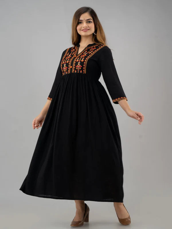 EMBROIDERED RAYON 3/4 SLEEVE COLLARED NECK A-LINE CALF LENGTH KURTA