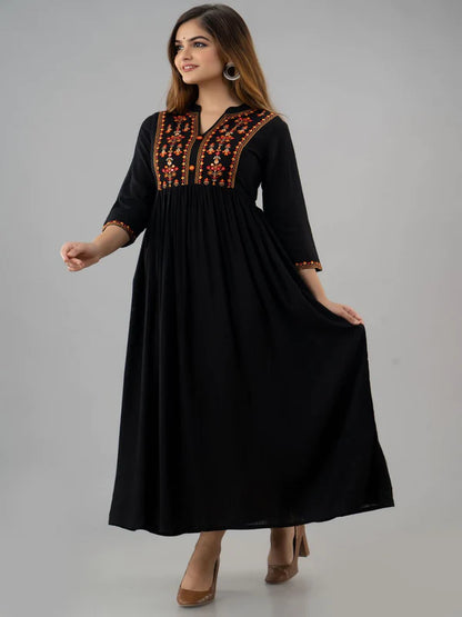 EMBROIDERED RAYON 3/4 SLEEVE COLLARED NECK A-LINE CALF LENGTH KURTA