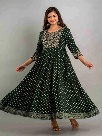 PRINTED FLARED ROUND NECK 3/4 SLEEVE ANKLE LENGTH VISCOSE RAYON KURTA