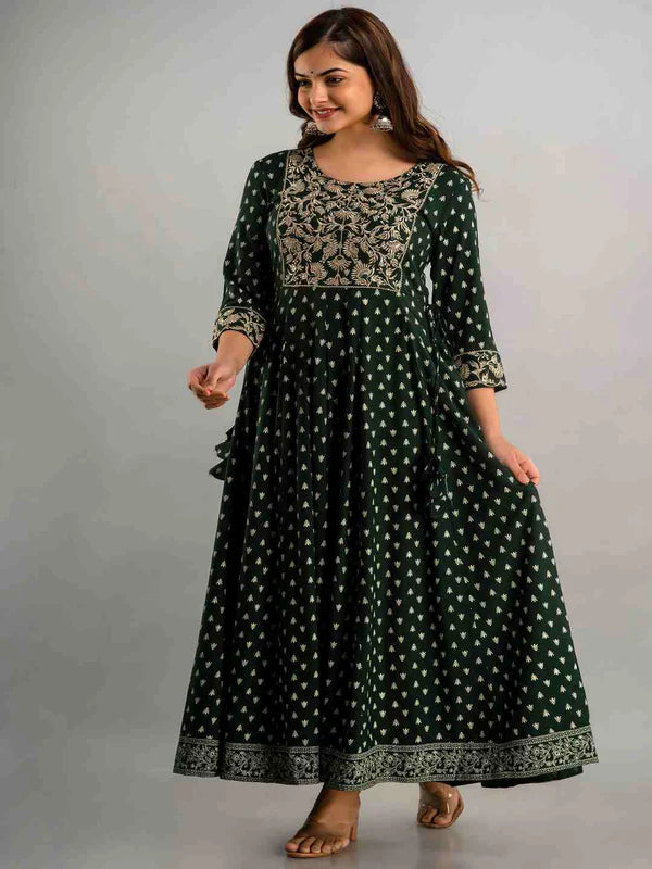 PRINTED FLARED ROUND NECK 3/4 SLEEVE ANKLE LENGTH VISCOSE RAYON KURTA