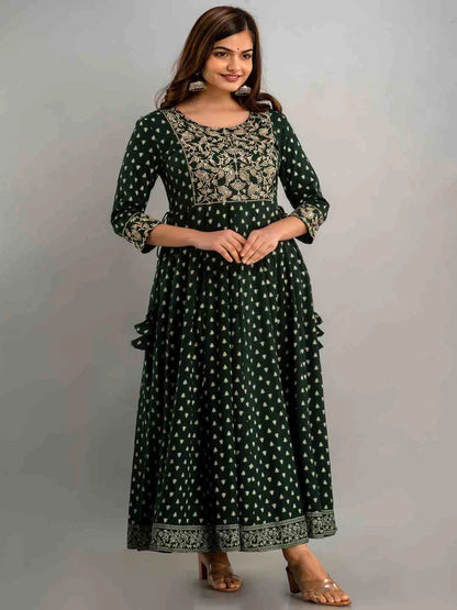 PRINTED FLARED ROUND NECK 3/4 SLEEVE ANKLE LENGTH VISCOSE RAYON KURTA