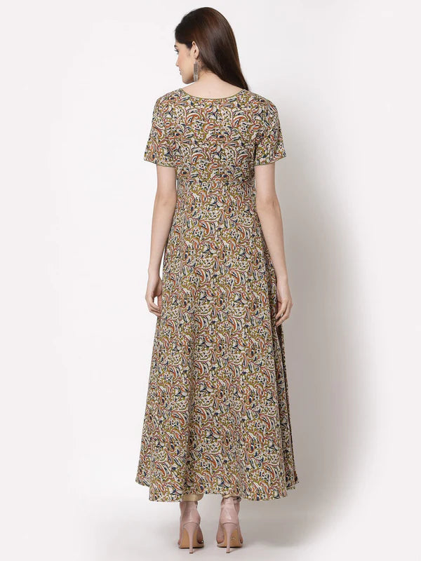 COTTON PRINTED FLARED LONG DRESS