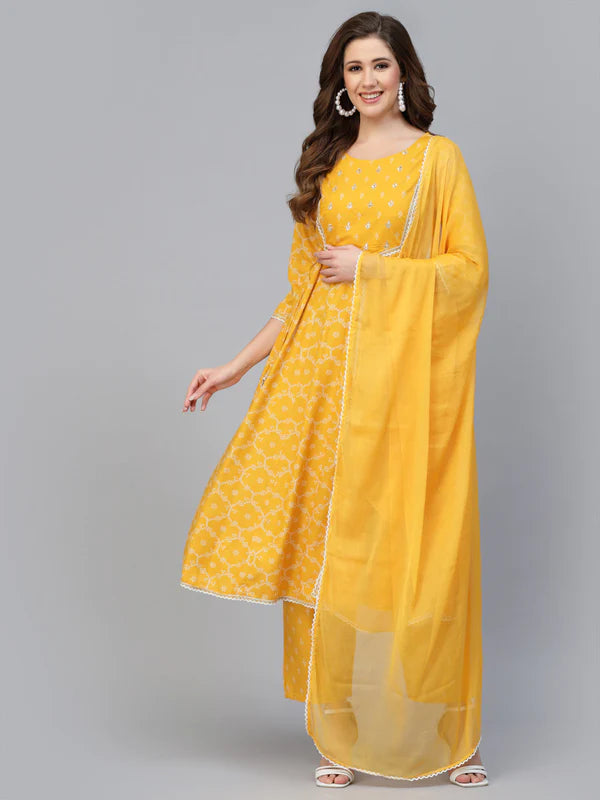 RAYON PRINTED ANARKALI KURTA WITH PANTS & DUPATTA